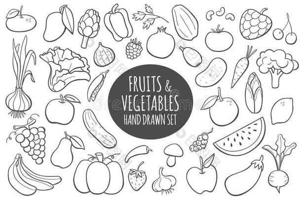 <strong>手绘</strong>水果和<strong>蔬菜</strong>。 矢量插图。