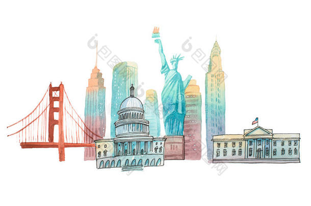 著名的美国地标旅游和旅游水彩插图