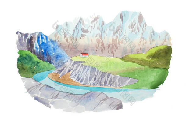 阿尔卑斯山水彩石美丽的卡通高加索