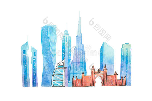 著名的迪拜地标旅游和旅游水彩插图