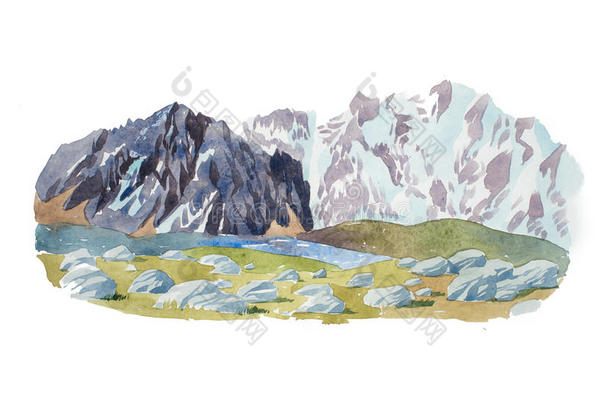 阿尔卑斯山水彩石背景卡通城市景观