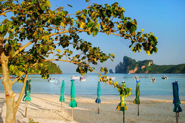 泰国克拉比省菲菲岛上的奥洛达伦海滩，带着<strong>太阳</strong>伞