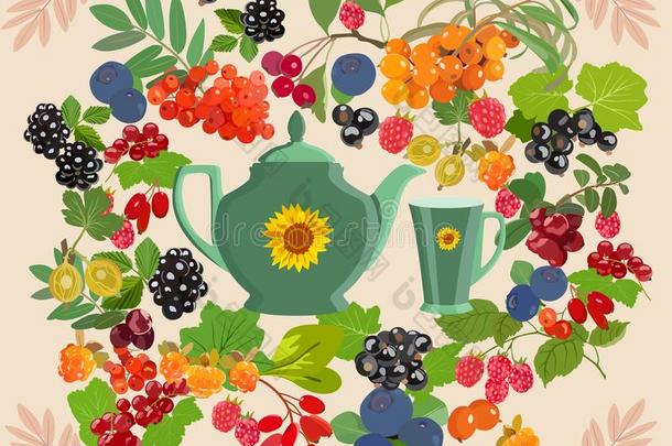 装饰彩色背景与浆果茶。 矢量插图。