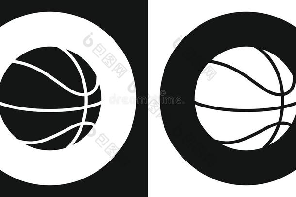 篮球球图标。 黑白背景上的剪影篮球。 体育器材。 矢量插图。