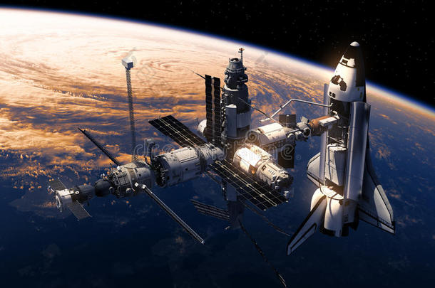 航天飞机和绕地球运行的空间站