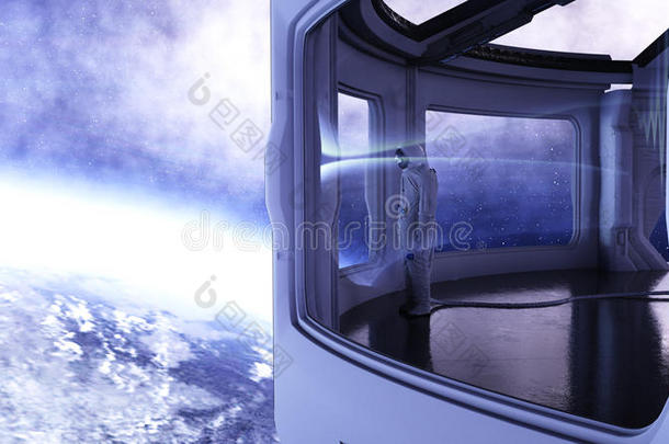 未来主义<strong>内部</strong>的独自宇航员。 <strong>地球</strong>的SCIFI房间视图。 三维渲染。