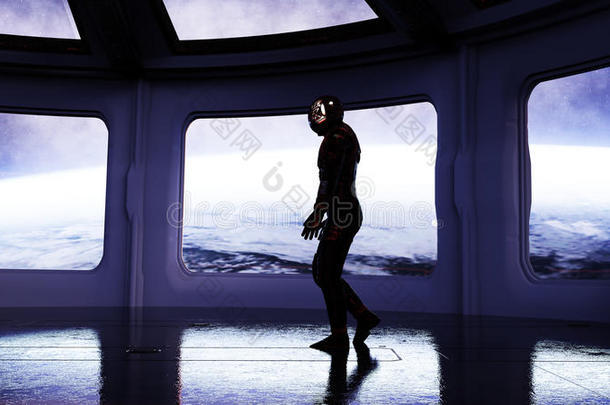 未来主义内部的独自宇航员。 地球的SCIFI房间视图。 三维渲染。