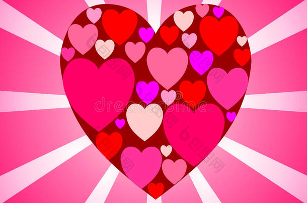精致的粉红色卡片，在流行艺术风格的光线背景下，中间有许多小的红色大心脏。