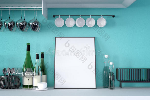三维渲染：白色模拟框架的插图。 时髦的背景。 模拟白色海报或相框。厨房房间