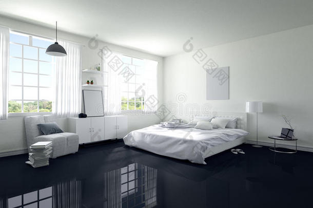 三维渲染：软光色大宽敞卧室的插图。 优雅的现代卧室里有一张舒适的大床