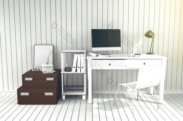 三维渲染：现代室内创意设计师办公室桌面插图与PC电脑。平面设计的工作场所
