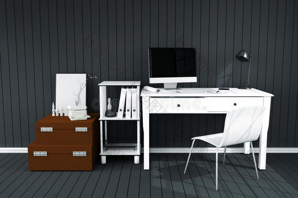 三维渲染：现代室内<strong>创意设计</strong>师<strong>办公室</strong>桌面插图与PC电脑。平面设计的工作场所。
