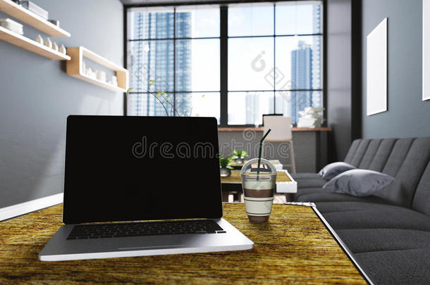 三维渲染：在咖啡咖啡馆装饰内部或电脑工人内部的PC办公室特写笔记本电脑的插图