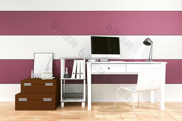 三维渲染：用PC电脑演示现代室内创意设计师办公室桌面。