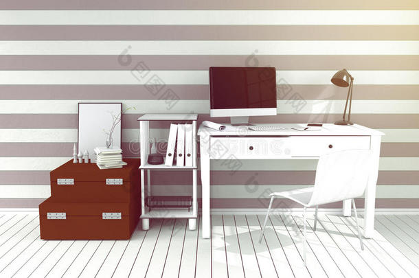 三维渲染：用PC电脑演示现代室内创意设计师办公室桌面。