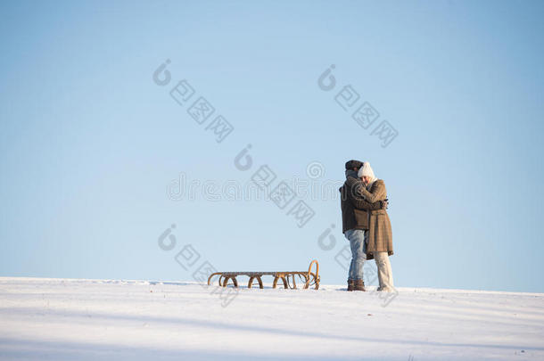 美丽的老年夫妇在散步拉雪橇，冬日。