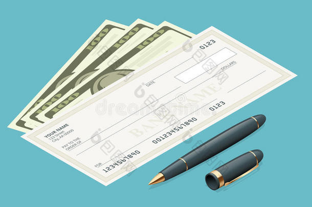 银行支票与现代设计。 平面插图。 彩色背景上的支票簿。 银行支票用钢笔。 概念