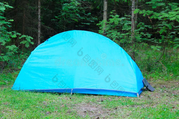 夏天在户外露营，在树林里搭帐篷