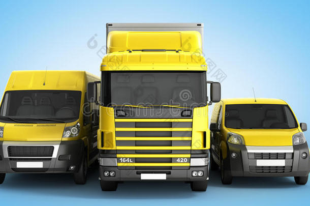 一辆卡车、一辆货车和一辆卡车在白色背景下的三维插图