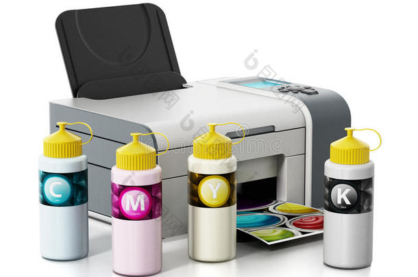 CMYK墨水灌装瓶和喷墨打印机。 三维插图
