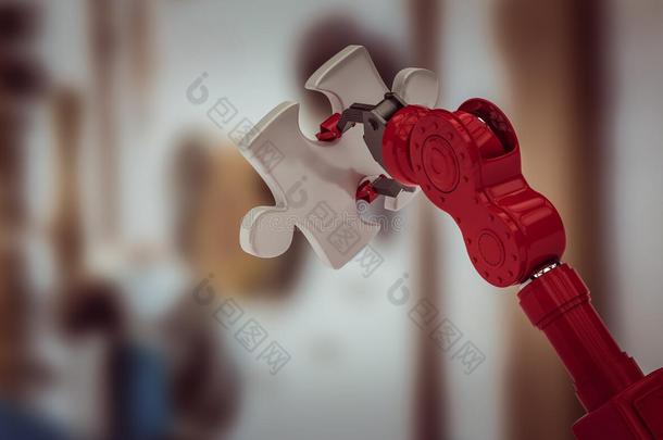 裁剪红色机器人手持<strong>拼图</strong>件3D的复合图像