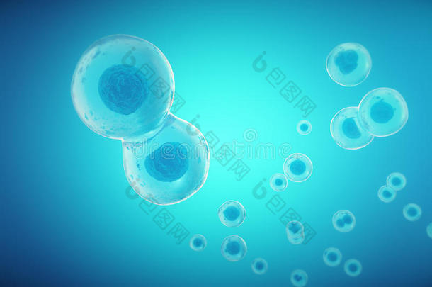 蓝色细胞背景。 生命和生物学，医学科学，分子研究DNA。 三维渲染
