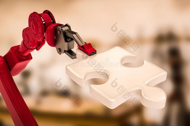 红色机器人手握拼图三维数字图像的复合图像