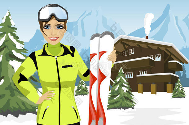 冬季滑雪胜地站在Chalet前面的女山地滑雪者