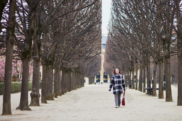 美丽的中年妇女在巴黎公园散步