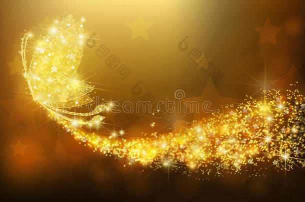 金色闪闪发光的珠宝蝴蝶昆虫与闪闪发光的星星