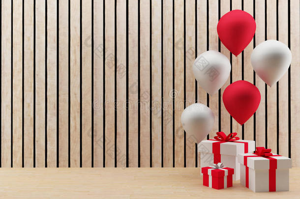 礼品盒与红色和白色气球的节日和庆祝在3D渲染图像
