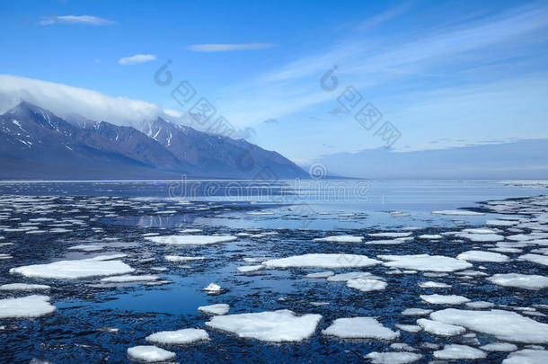 春天，达山旁边的水面上漂浮着冰