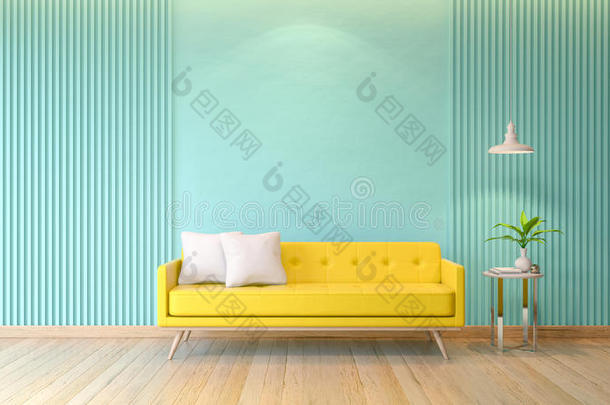 蓝色房间内部，黄色沙发，白色灯木地板和浅蓝色墙壁，3D渲染