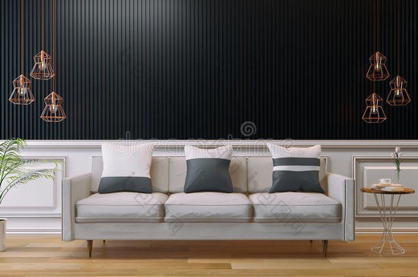 经典的房间，白色沙发在木地板和黑色墙壁，3D渲染