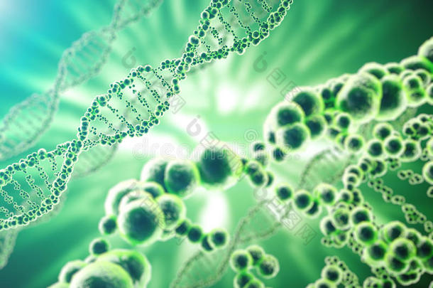 DNA分子，结构。 人类基因组概念的特写。 三维渲染医学概念