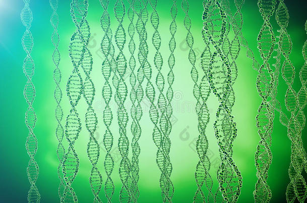 DNA分子，结构。 人类基因组概念的特写。 三维渲染医学概念