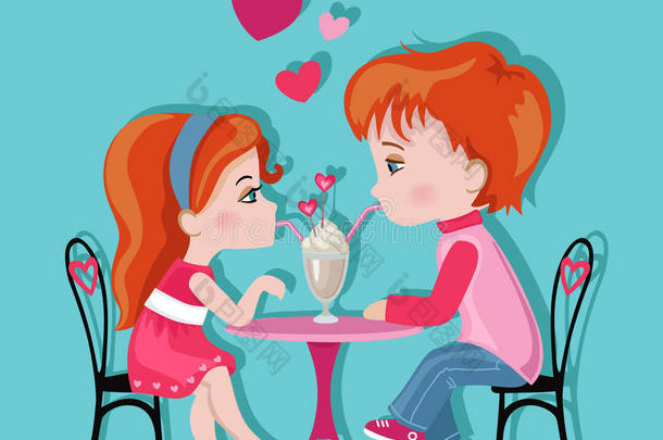 咖啡馆里可爱的女孩和男孩。 情人节`。 爱卡。