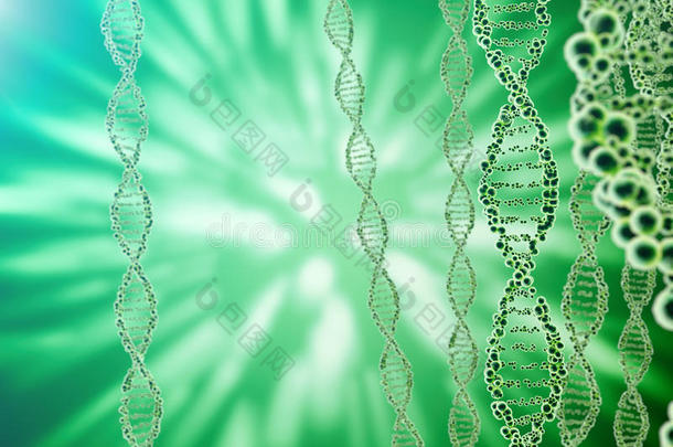 DNA分子，结构。 人类基因组概念的特写。 三维渲染医学概念