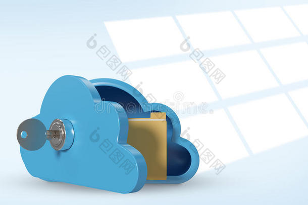 蓝色储物柜的复合图像云形状与键和文件夹3D