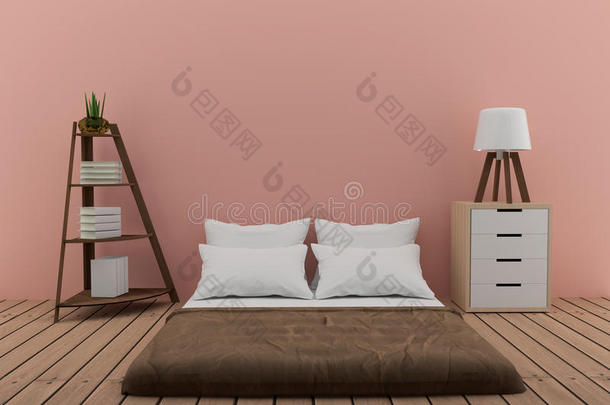 卧室与书架与小灯和橱柜在粉红色的房间在3D渲染