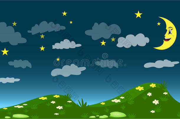 漆黑的夜晚，卡通的月亮和星星的天空，山上有草和花