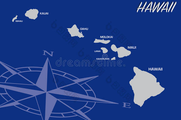 带指南针的夏威夷州蓝色地图