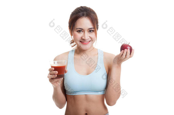 美丽健康的亚洲女孩，<strong>西红</strong>柿汁和苹果。