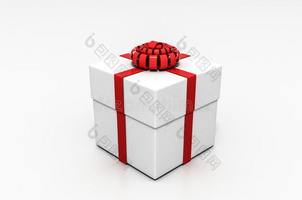 盒子用红色丝带绑在白色背景上，3D渲染