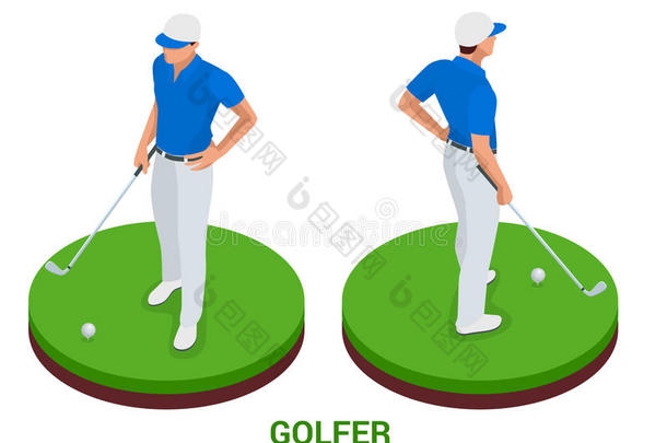 高尔夫俱乐部的概念。 等距高尔夫球手和服装。 运动设计元素。
