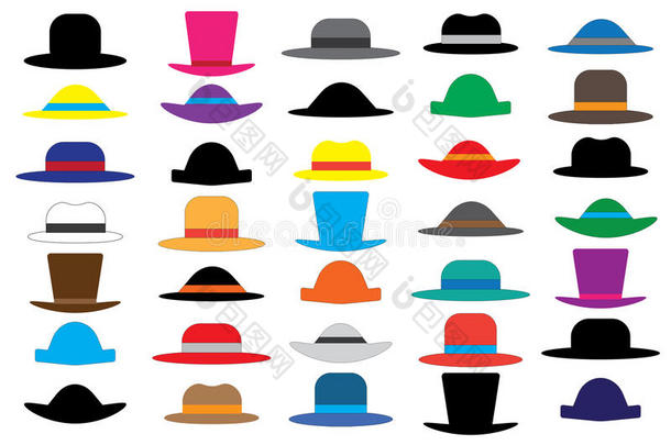 彩色男女帽子矢量集合。