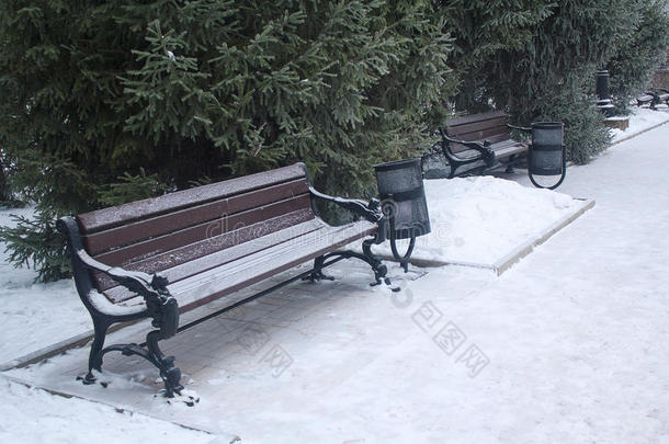 白雪覆盖的公园里的长凳和垃圾箱