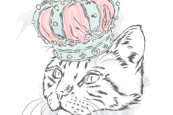 皇冠上有趣的猫。 卡片或海报的矢量插图。 衣服或配饰上的指纹。
