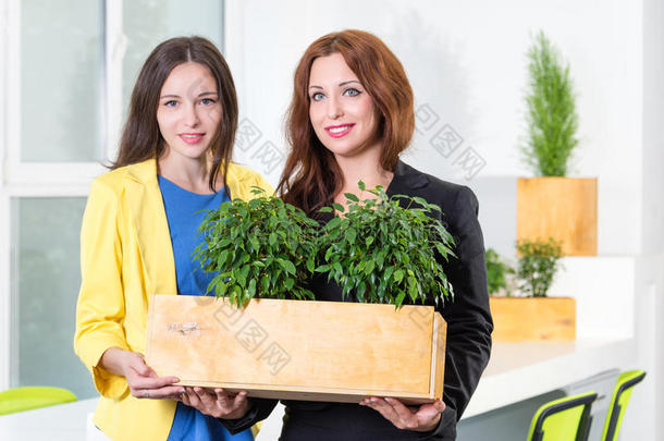 绿色生活。 两个有吸引力的年轻女商人拿着一个盒子，在现代办公室里种植植物。 环境