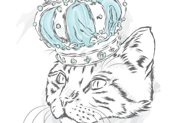 皇冠上有趣的猫。 卡片或<strong>海报</strong>的矢量插图。 衣服或配饰上的指纹。